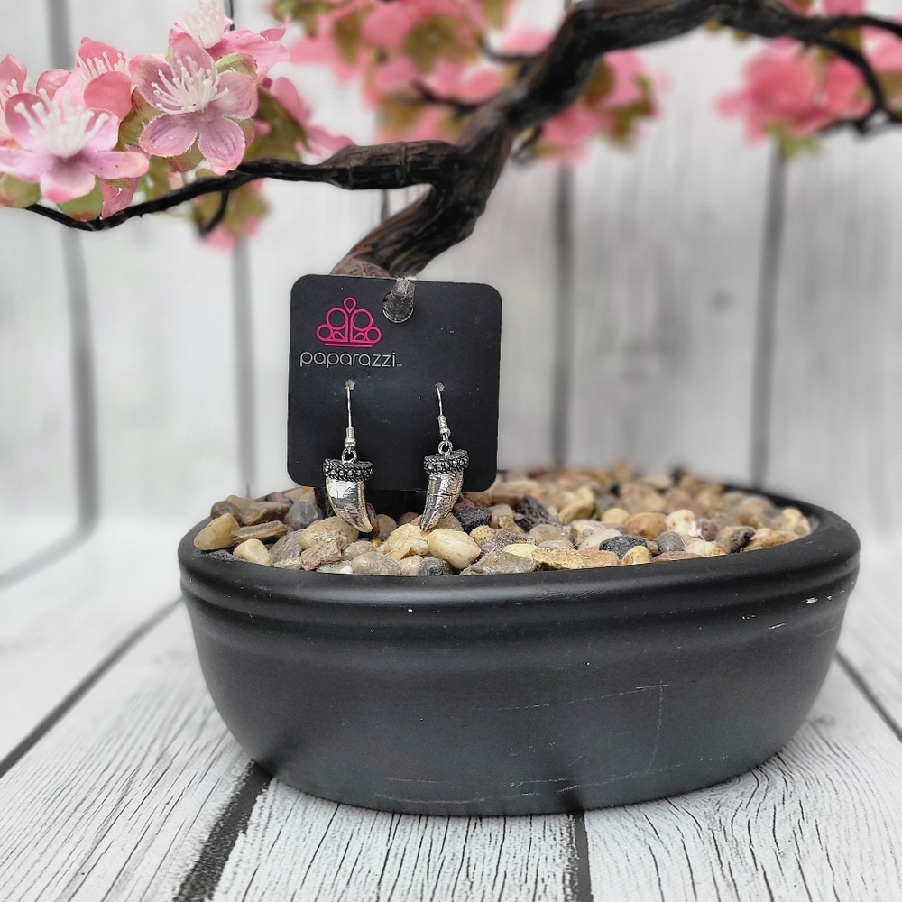 Paparazzi White Fang - Silver Earrings